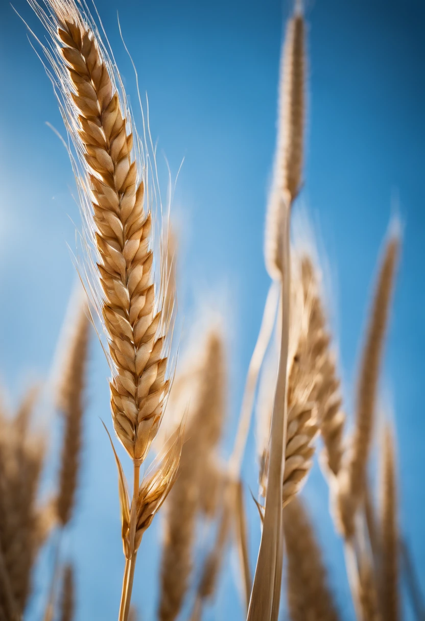 a creative shot of a single wheat stalk, isolated against a clear blue sky or a contrasting background, emphasizing its height and elegance
