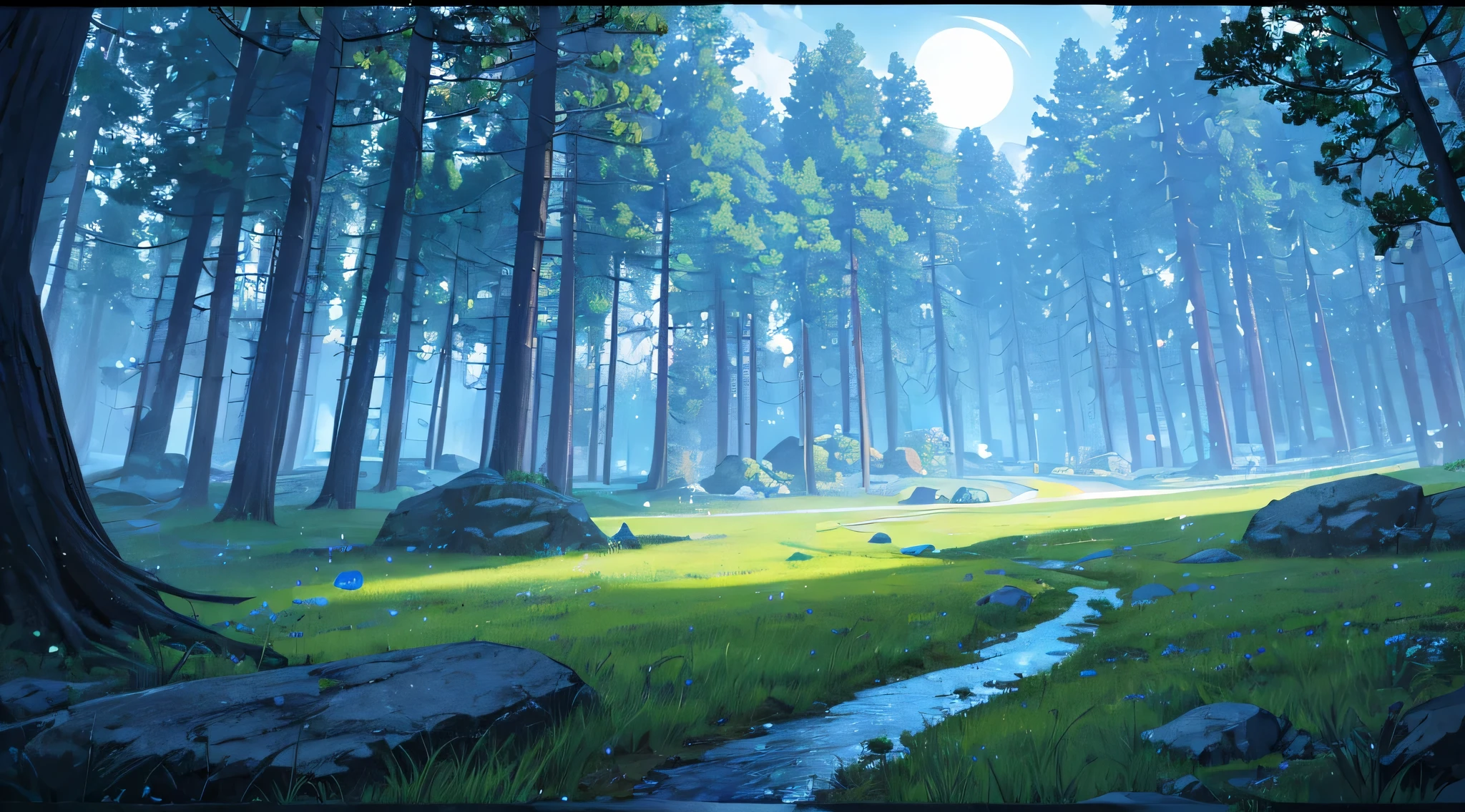 Horizontal scrolling game background, (((The dark night with a hint of blue))), Flat perspective without vanishing point, Photorealistic lighting, (((natta月光微弱的时候))), High definition details, tmasterpiece, 最好的quality, (High detail CG integrated 8k wallpaper), (quality), forest scenery, The bottom half of the screen is flat ground, Land with a moderate mix of soil and grass, The direction of the road is from the left side of the screen to the right side of the screen., (((The upper part of the picture is densely covered with small trees and rocks.))), Small stones, view behind tree, Monte, dark hours after sunset, natta,when blue light flows, The size of the tree is small,And there are many curves, Viewed from a height of about 3 meters,