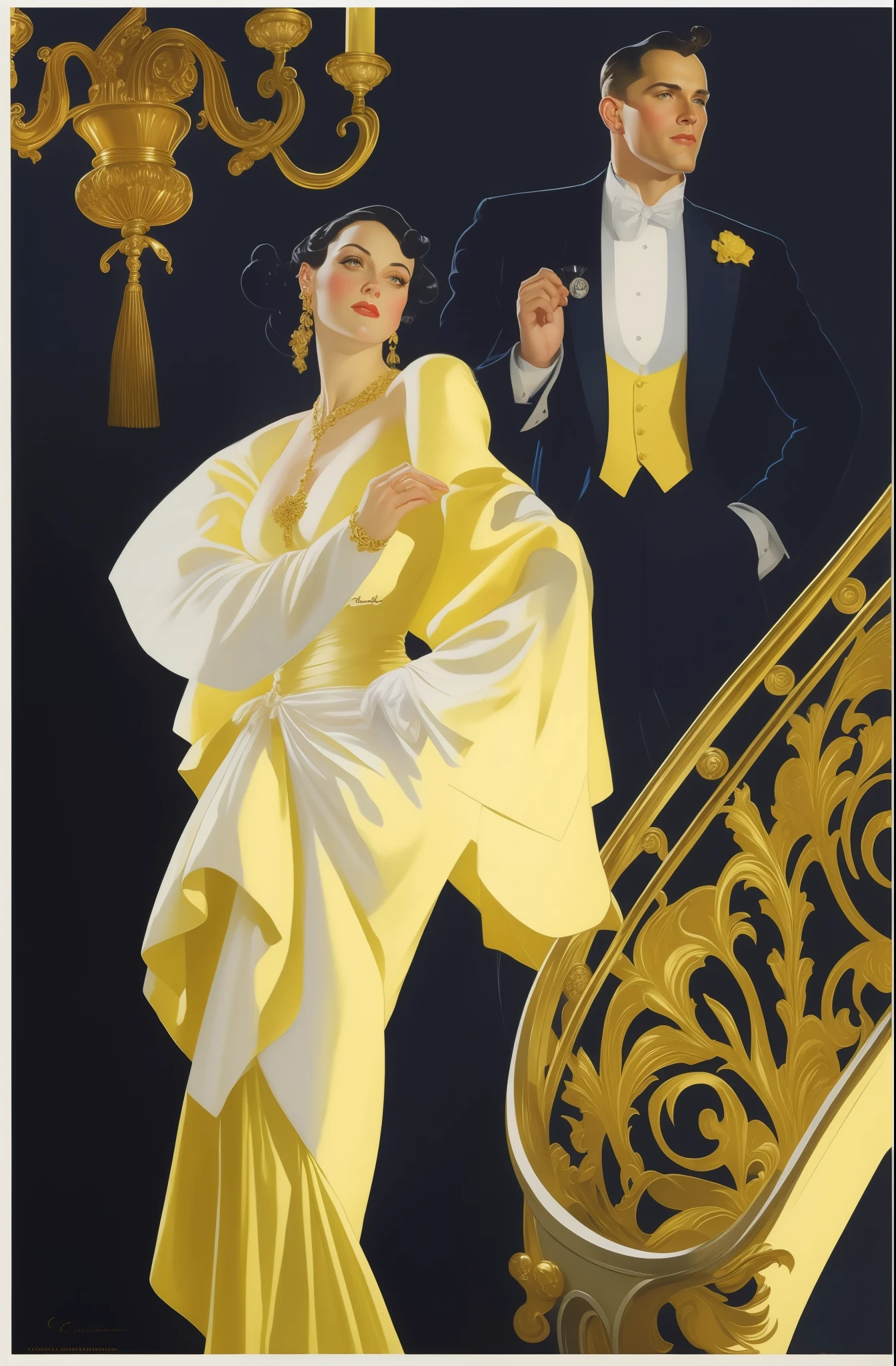 pintura de uma mulher de vestido amarelo e um homem de terno preto, j C Leyendecker 8 k, j. C. Leyendecker 8 k, Leyendecker, j. C Leyendecker, j.C Leyendecker, j C Leyendecker, joseph Leyendecker, jC Leyendecker, Leyendecker style, rosto perfeito, perfect hands, sem deformar