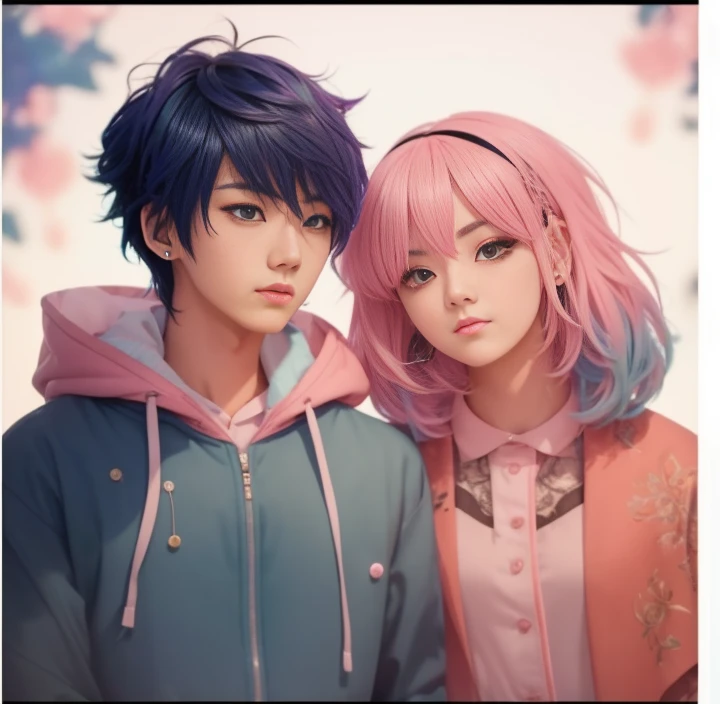 ((Male and female couples)), Idol Photos, Magazine covers, Photos of actors, Professional Photos, Height difference, tall male, Happiness, youthfulness, extra detailed face, detailed punk hair, very detailed character, inspired by Sim Sa-jeong, Cai Xukun's, detailed realistic faces, highly detailed realistic face, high detailed face anime, realistic detailed face, Accurate detailed face, attractive androgynous humanoid, Cool Korean fashion in black, ((Man with light blue hair)), ((Woman with pink hair)), ((Woman with long hair below waist)), ((Man with short hair over ears)), ((Pink hair woman with gentle expression)), ((Man with light blue hair with wild expression)), high-level image quality, masterpiece, Photographed so that the whole body can be seen, Photographed to make clothes look beautiful, Take your eyes off, ((two individualritish couple))