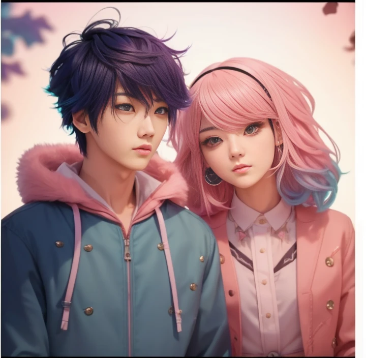 ((Male and female couples)), Idol Photos, Magazine covers, Photos of actors, Professional Photos, Height difference, tall male, Happiness, youthfulness, extra detailed face, detailed punk hair, very detailed character, inspired by Sim Sa-jeong, Cai Xukun's, detailed realistic faces, highly detailed realistic face, high detailed face anime, realistic detailed face, Accurate detailed face, attractive androgynous humanoid, Cool Korean fashion in black, ((Man with light blue hair)), ((Woman with pink hair)), ((Woman with long hair below waist)), ((Man with short hair over ears)), ((Pink hair woman with gentle expression)), ((Man with light blue hair with wild expression)), high-level image quality, ​masterpiece, Photographed so that the whole body can be seen, Photographed to make clothes look beautiful, Take your eyes off, ((two individualritish couple))