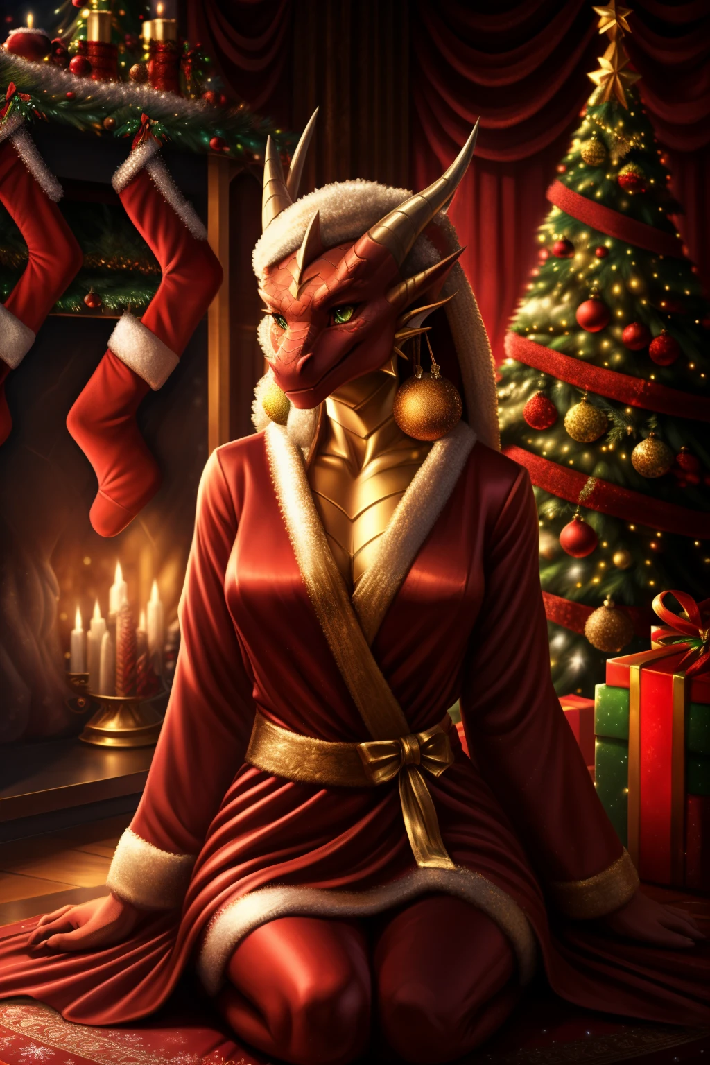 there is a woman in a red Christmas dress and a dragon in a room, the dragon girl portrait, dragon-inspired cloth robes, dragon girl, highly detailed exquisite fanart, anthro dragon art, dragon - inspired suit, commission for high res, as an anthropomorphic dragon, 8k high quality detailed art, detailed fanart. ((Christmas atmosphere, Christmas tree))