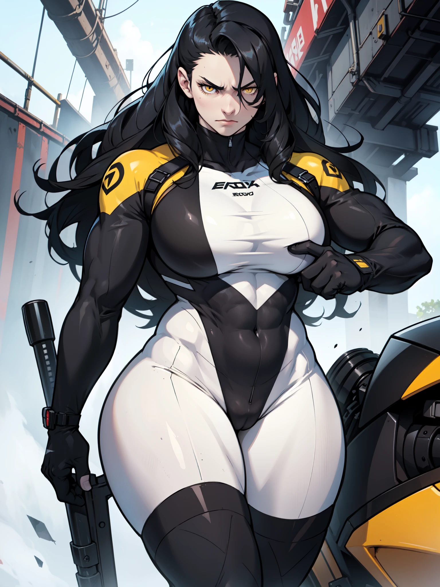 best quality best quality best quality black hair yellow eyes pale skin muscular huge greasts thick thighs angry solo extremely long hair girl body suit highly detailed highly detailed thick thick