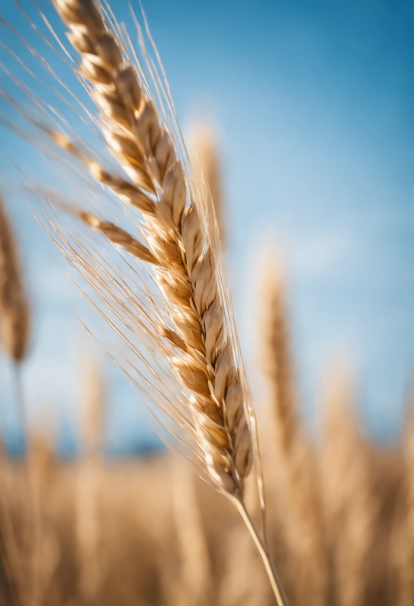 a creative shot of a single wheat stalk, isolated against a clear blue sky or a contrasting background, emphasizing its height and elegance