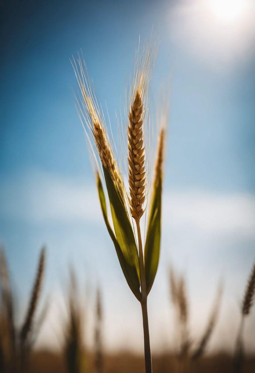 a creative shot of a single wheat stalk, isolated against a clear blue sky or a contrasting background, emphasizing its height and elegance