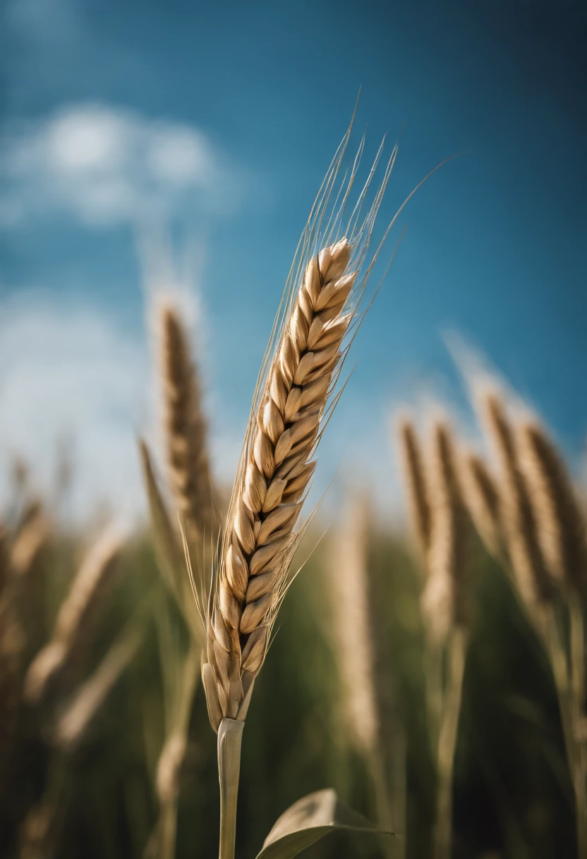 a creative shot of a single wheat stalk, isolated against a clear blue sky or a contrasting background, emphasizing its height and elegance