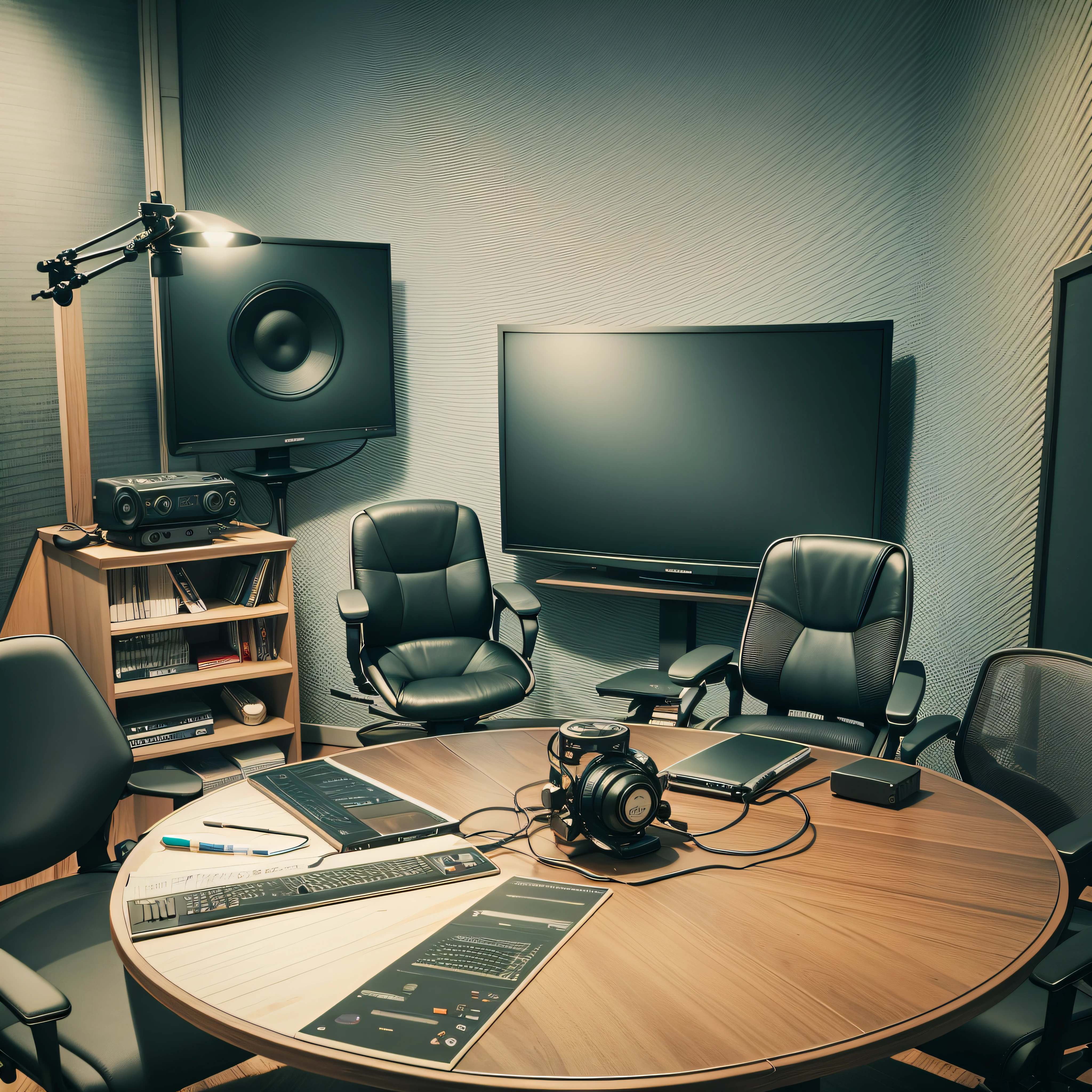 Round table inside a studio for podcast recording, several chairs around the table, microphones and headphones on the table, a large TV screen pinned to the wall, on the table are papers and various pens --auto --s2