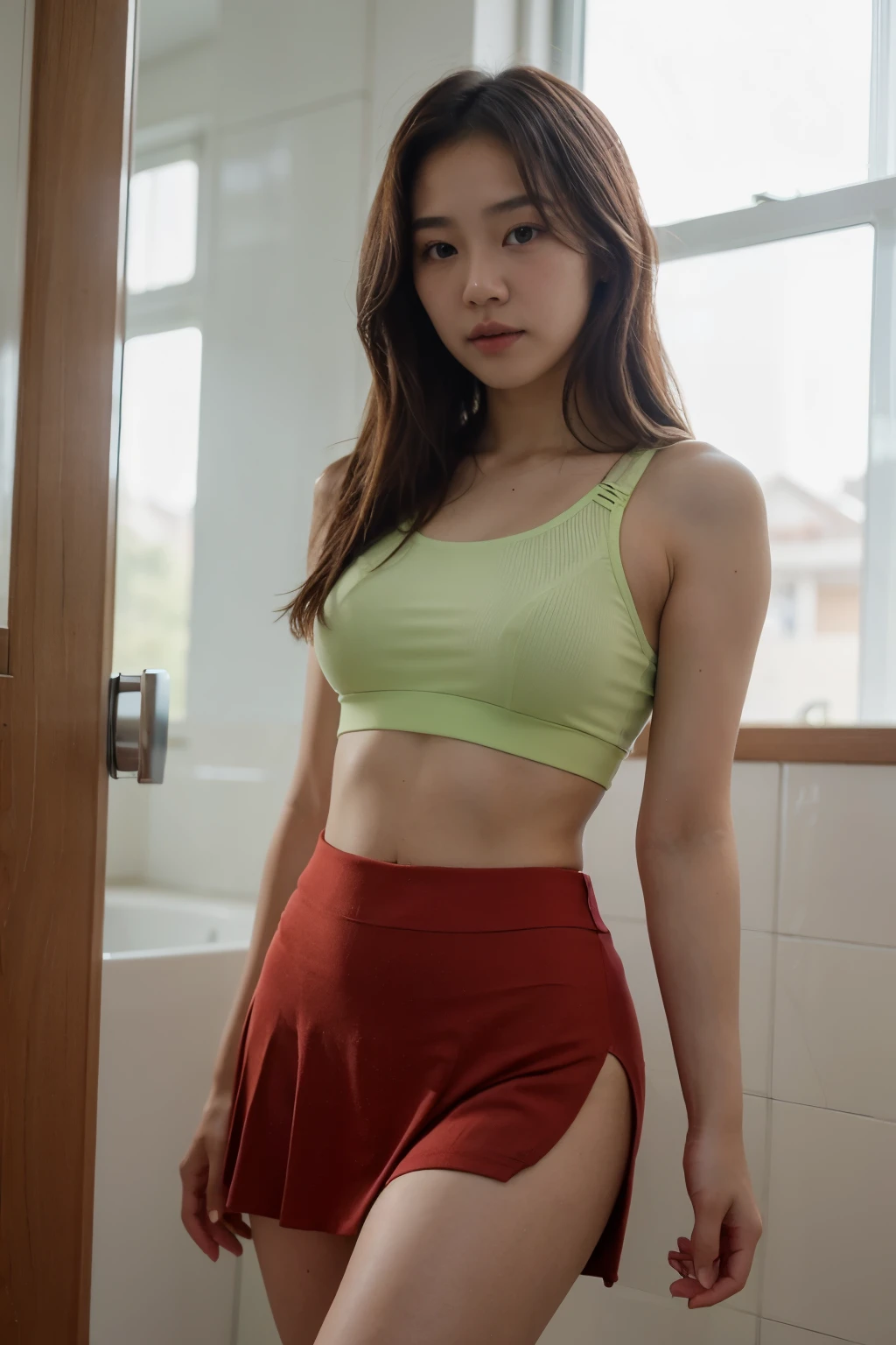(korean girl named seo wearing green sports bra and classic long red tennis skirt )Best quality, 8k, Masterpiece :1.3)), (slender figure :1.2), long hair, in bathroom ,pictured from front very big hips