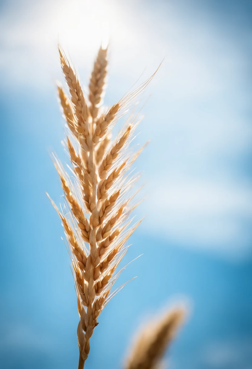 a creative shot of a single wheat stalk, isolated against a clear blue sky or a contrasting background, emphasizing its height and elegance