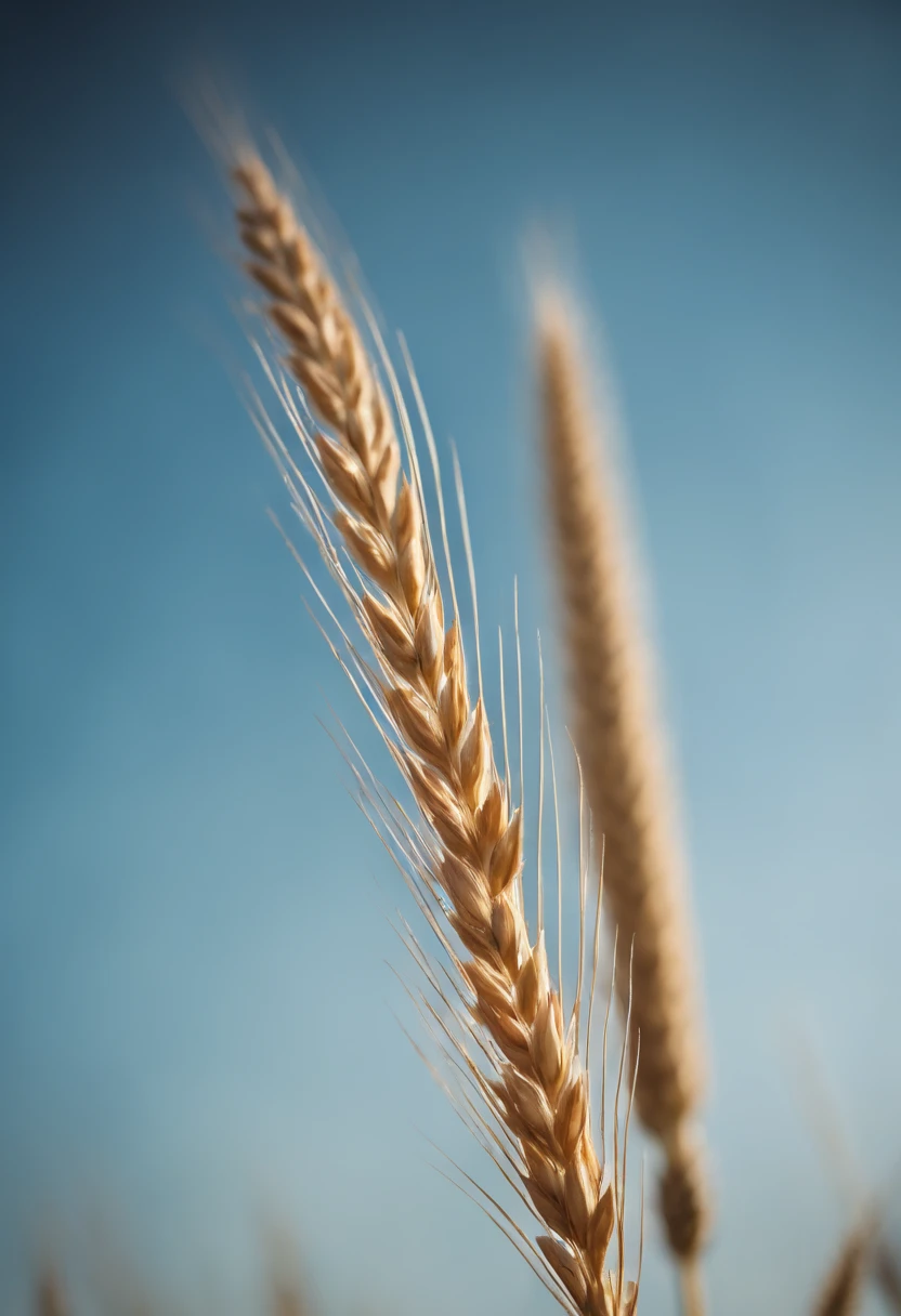 a creative shot of a single wheat stalk, isolated against a clear blue sky or a contrasting background, emphasizing its height and elegance