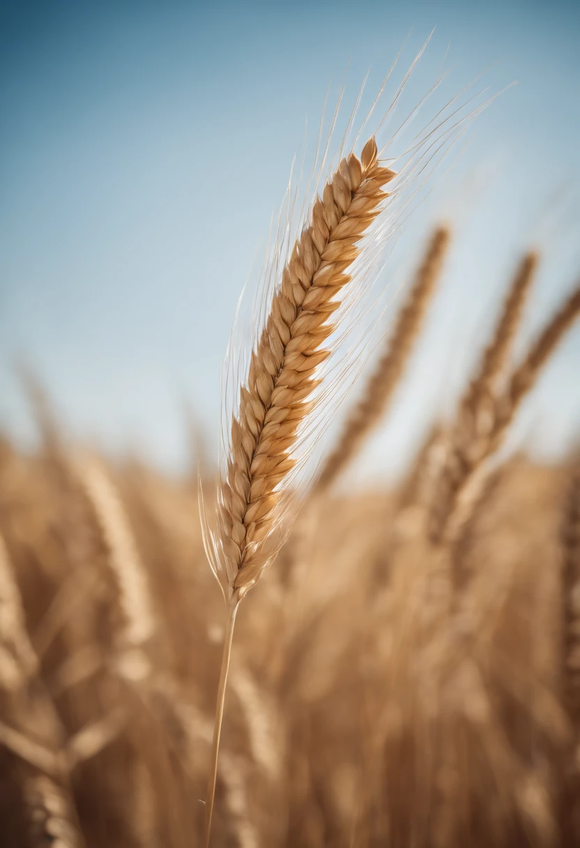 a creative shot of a single wheat stalk, isolated against a clear blue sky or a contrasting background, emphasizing its height and elegance