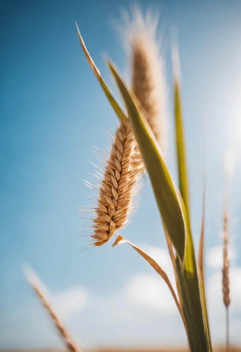 a creative shot of a single wheat stalk, isolated against a clear blue sky or a contrasting background, emphasizing its height and elegance