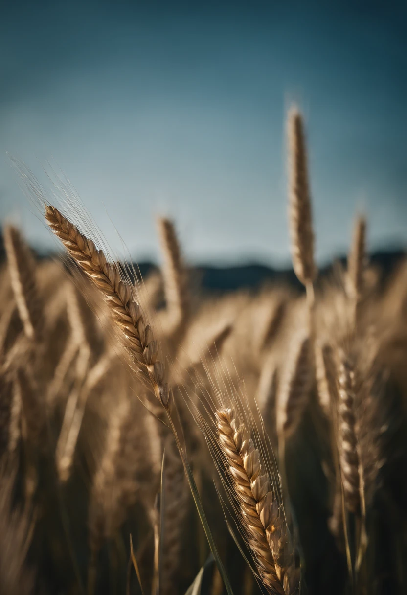 a creative shot of a single wheat stalk, isolated against a clear blue sky or a contrasting background, emphasizing its height and elegance