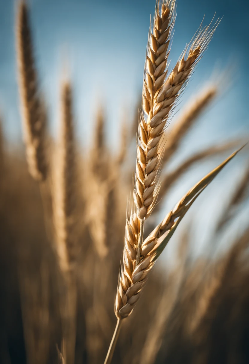 a creative shot of a single wheat stalk, isolated against a clear blue sky or a contrasting background, emphasizing its height and elegance