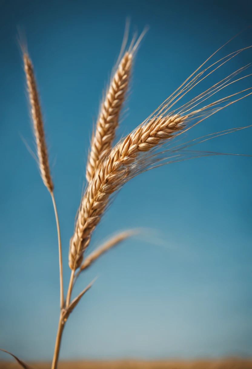 a creative shot of a single wheat stalk, isolated against a clear blue sky or a contrasting background, emphasizing its height and elegance