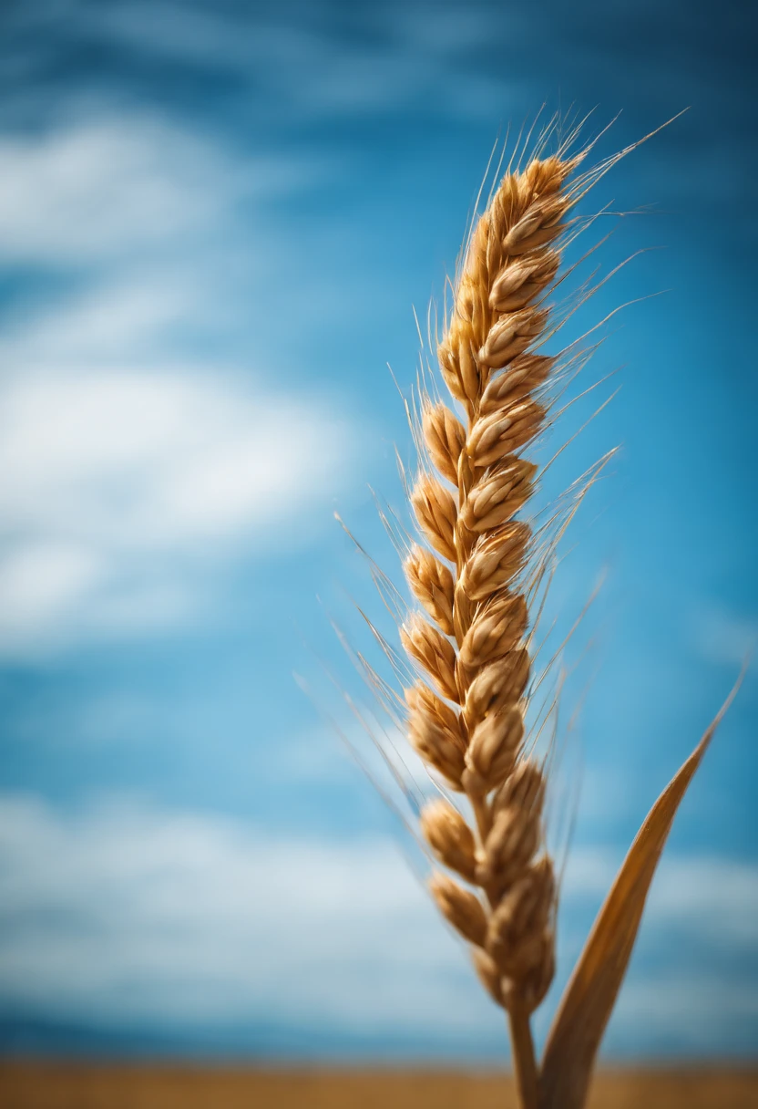 a creative shot of a single wheat stalk, isolated against a clear blue sky or a contrasting background, emphasizing its height and elegance