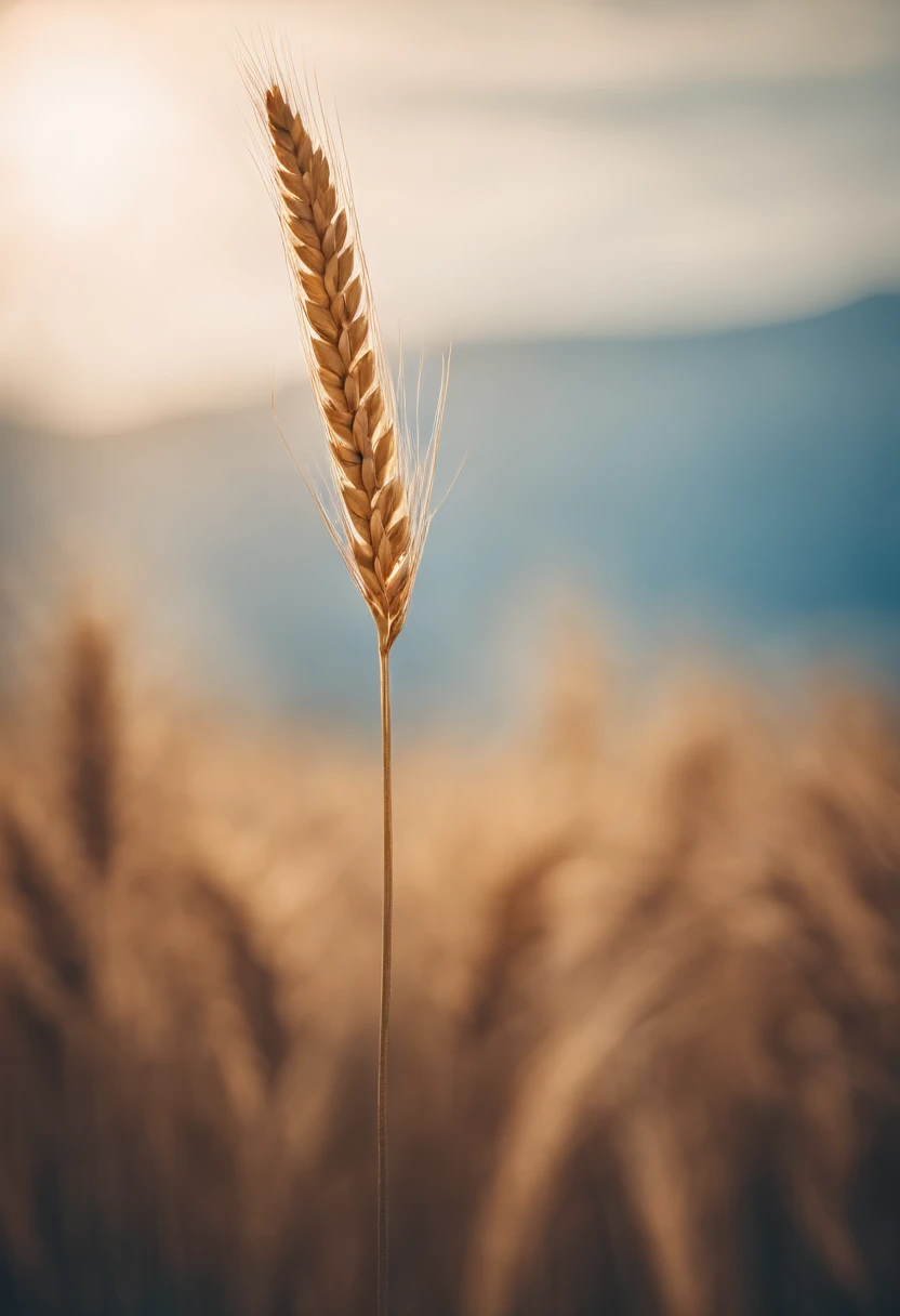a creative shot of a single wheat stalk, isolated against a clear blue sky or a contrasting background, emphasizing its height and elegance