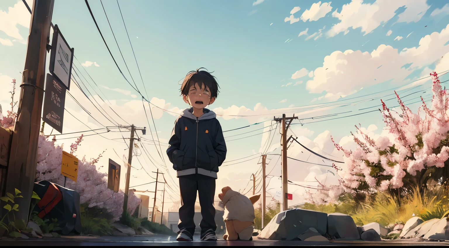 The boy stood in the spring breeze and cried loudly
