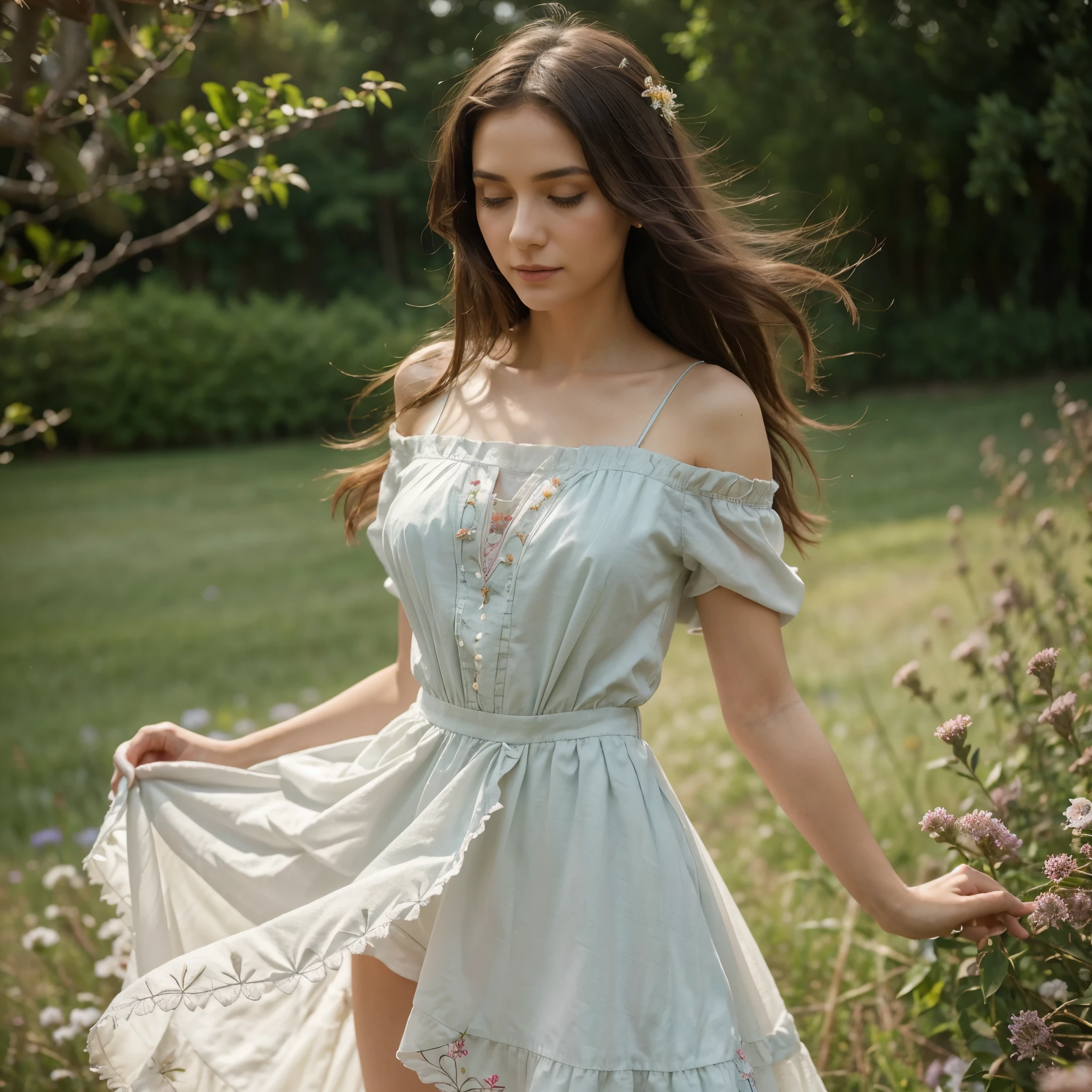 aged 30,Super detailed,a beautiful girl, , playful and charming. The girl’s dress is made of a delicate, flowing fabric that seems to dance in the breeze. The color is a soft pastel, reminiscent of the wildflowers that surround her. The bodice is fitted, with intricate embroidery and beading that catches the light. The skirt is full and flowing, with layers of fabric that rustle softly as she moves. The overall effect is one of timeless elegance and grace.