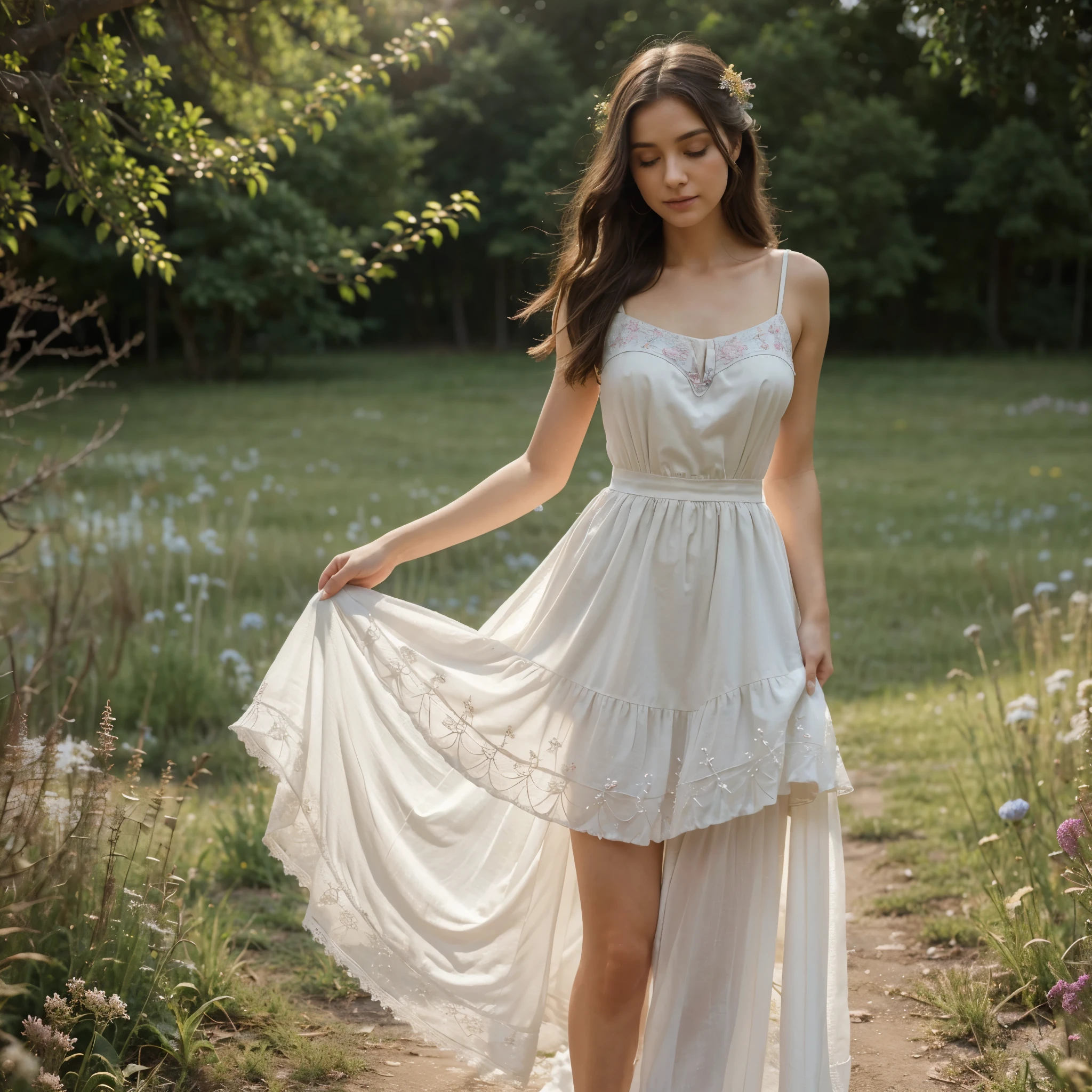 Araffe woman in a white dress walking down a path - SeaArt AI