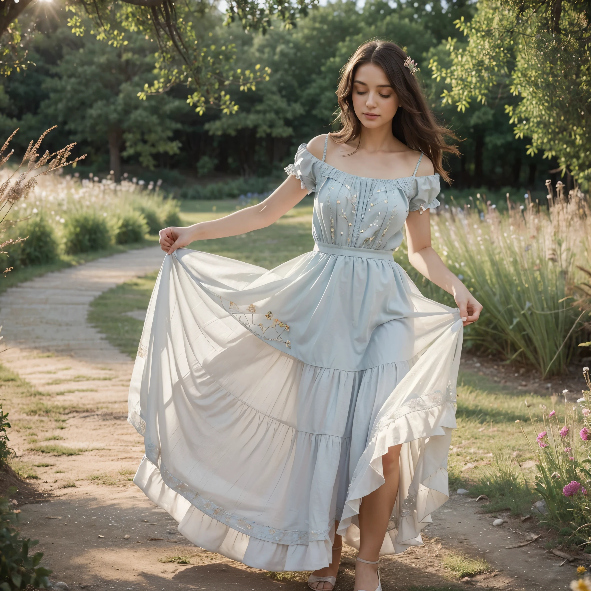 aged 30,Super detailed,a beautiful girl, , playful and charming. The girl’s dress is made of a delicate, flowing fabric that seems to dance in the breeze. The color is a soft pastel, reminiscent of the wildflowers that surround her. The bodice is fitted, with intricate embroidery and beading that catches the light. The skirt is full and flowing, with layers of fabric that rustle softly as she moves. The overall effect is one of timeless elegance and grace.