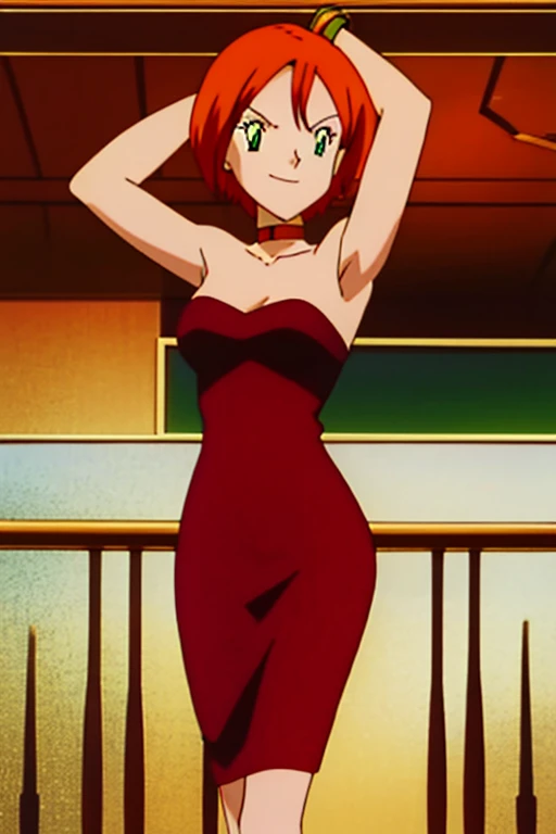 1 girl, solo green eyes, orange hair, bob hair, short hair, medium chest, little red dress, strapless dress, skin-tight dress, lovely legs, black choker, gold bracelet, smile, fancy hotel background, anime style,