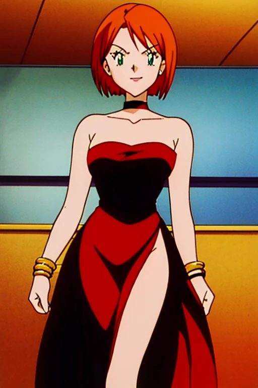 1 girl, solo green eyes, orange hair, bob hair, short hair, medium chest, little red dress, strapless dress, skin-tight dress, lovely legs, black choker, gold bracelet, smile, fancy hotel background, anime style,