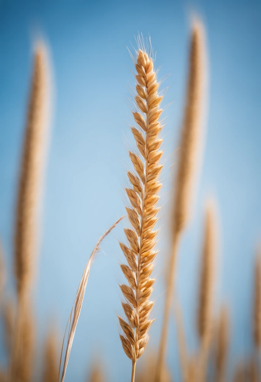 a creative shot of a single wheat stalk, isolated against a clear blue sky or a contrasting background, emphasizing its height and elegance