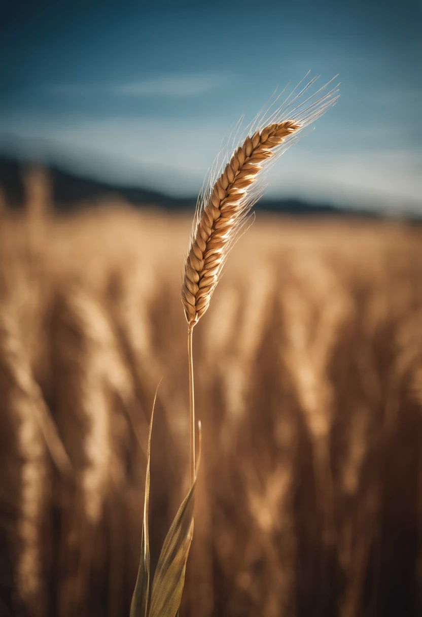 a creative shot of a single wheat stalk, isolated against a clear blue sky or a contrasting background, emphasizing its height and elegance