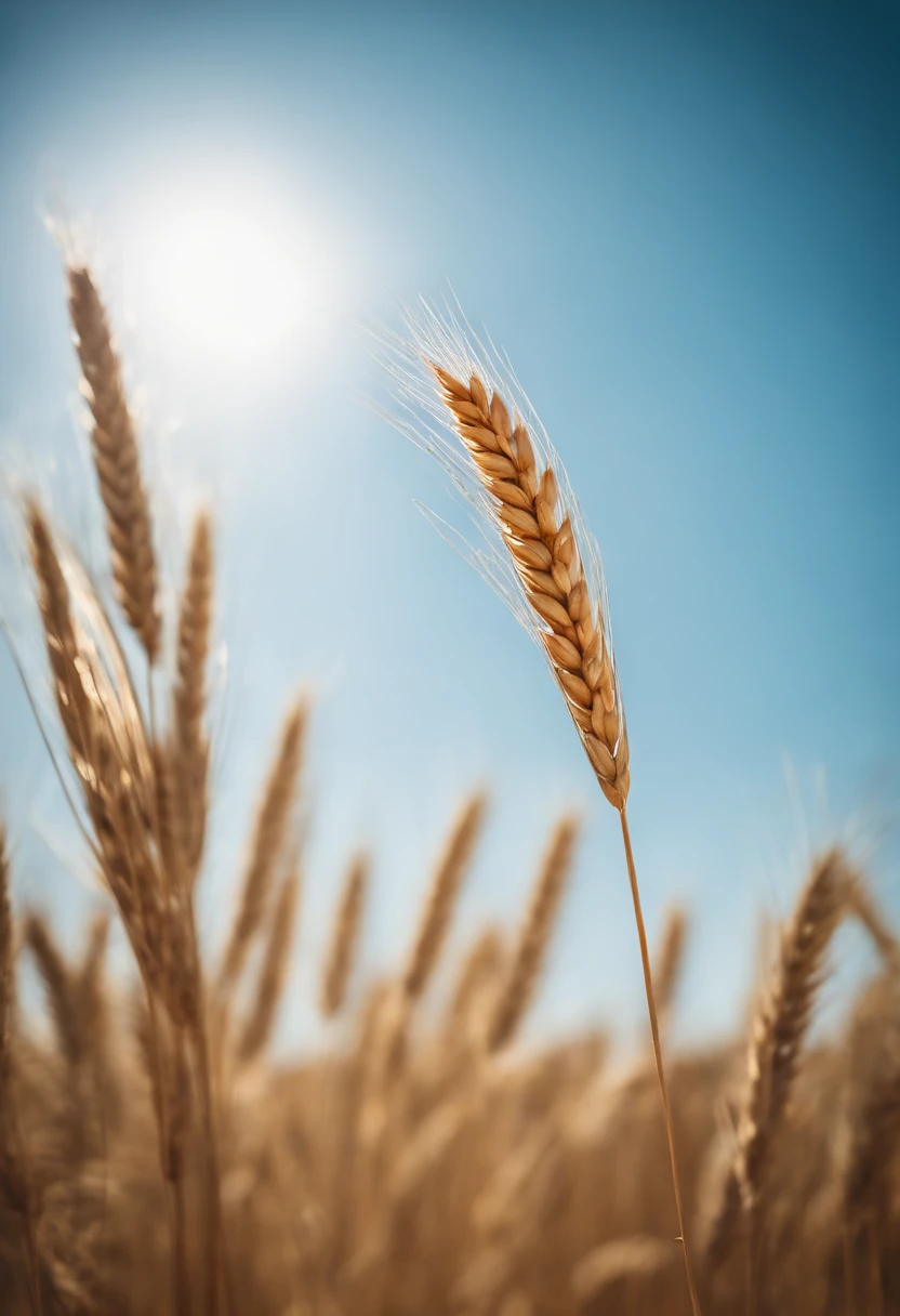 a creative shot of a single wheat stalk, isolated against a clear blue sky or a contrasting background, emphasizing its height and elegance