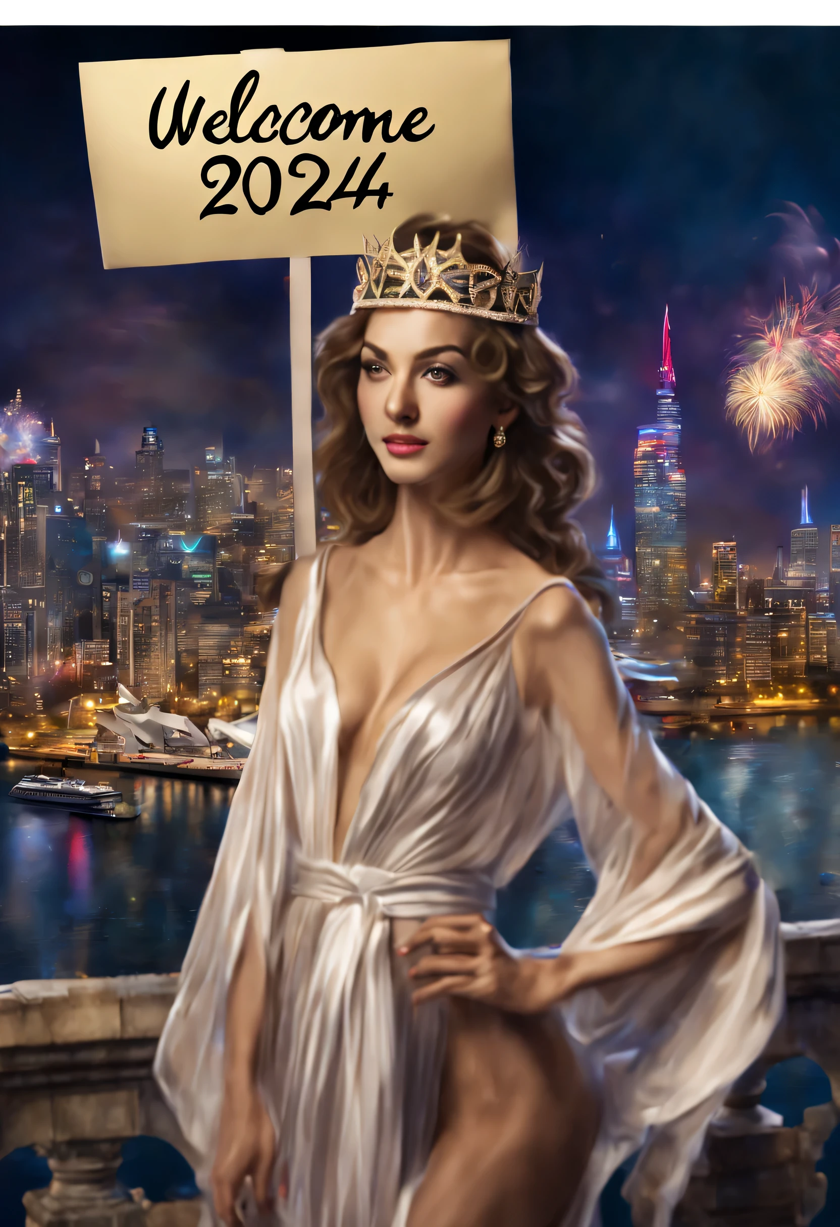 Goddess with a unique signboard ((as text "Welcome 2024"):1.5), Fireworks over the city at night by boat or ship。, Beautiful cityscape,,  Learn more XL, tiarra,  accessory,  gorgeous robe, (photographrealistic:1.2)