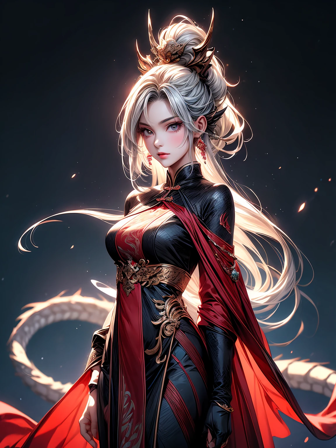 a Chinese dragon girl,(cute:1.1, anthropomorphism:1.1) with beautiful (dragon horns:1.1) protruding from her forehead. She has a charming smile, (sparkling eyes, vitrailed iris, long eyelashes) and (detailed lips:1.1). Her hair is (flowing,braided) with (subtle scales:1.1) shimmering with a hint of iridescent color.
She is wearing a (tailored,modern) outfit with (dragon claw gloves:1.1), (matching the color of her scales) that add a touch of elegance to her appearance. The outfit is inspired by a blend of traditional Chinese clothing and (minimalism:1.1), with clean lines and a (monochromatic, solid color background:1.1) that enhances the dragon girl's presence. The background color complements her scales, creating a harmonious visual composition.
The artwork is created in the (medium:minimalism) style, incorporating the renowned (artist Julian Glander)'s unique artistic vision. The minimalistic approach highlights the dragon girl's features and gives the artwork a (distinctive,modern) feel.
The image is of (best quality:1.2), (HD), and (32K resolution) with ultra-fine details that showcase every (scale,texture) on the dragon girl's body. The (photorealistic:1.37) rendering captures the intricacies of her appearance, making her come to life on the screen.
The palette of the artwork consists of (vibrant, vivid colors) that are reminiscent of traditional Chinese art, with hints of gold and red highlighting the dragon girl's regal nature. The colors are carefully selected to create a harmonious balance and evoke a sense of enchantment.
The lighting in the artwork is (soft, diffused), casting a gentle glow on the dragon girl, emphasizing her beauty and grace. The lighting enhances the three-dimensionality of the artwork, creating depth and adding a sense of realism to the scene.
This prompt combines elements of Chinese mythology and contemporary aesthetics, showcasing a fusion of tradition and modernity in a visually compelling manner. The dragon girl exudes charm and elegance, captivating the viewer with her mythical allure.