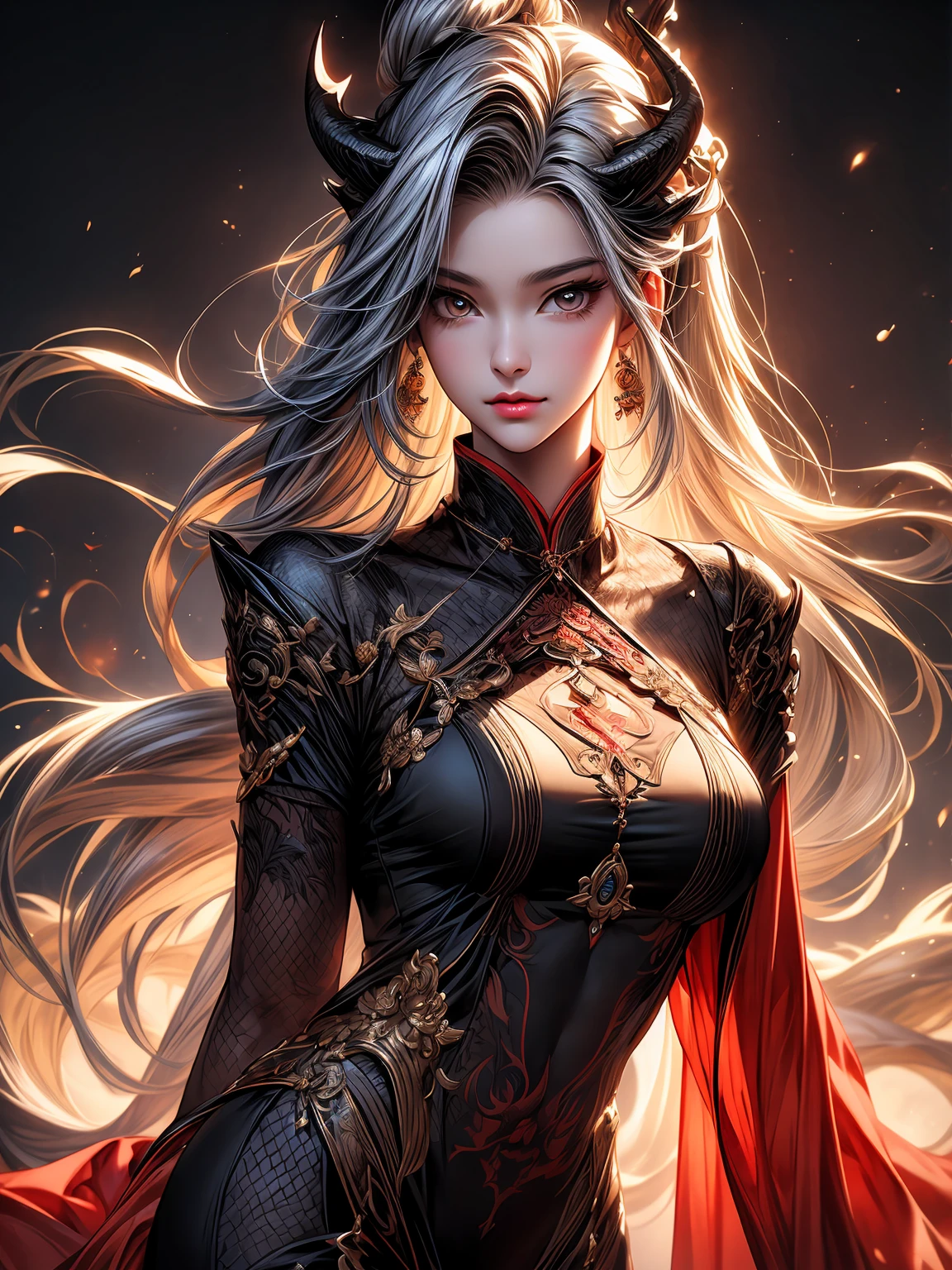 a Chinese dragon girl,(cute:1.1, anthropomorphism:1.1) with beautiful (dragon horns:1.1) protruding from her forehead. She has a charming smile, (sparkling eyes, vitrailed iris, long eyelashes) and (detailed lips:1.1). Her hair is (flowing,braided) with (subtle scales:1.1) shimmering with a hint of iridescent color.
She is wearing a (tailored,modern) outfit with (dragon claw gloves:1.1), (matching the color of her scales) that add a touch of elegance to her appearance. The outfit is inspired by a blend of traditional Chinese clothing and (minimalism:1.1), with clean lines and a (monochromatic, solid color background:1.1) that enhances the dragon girl's presence. The background color complements her scales, creating a harmonious visual composition.
The artwork is created in the (medium:minimalism) style, incorporating the renowned (artist Julian Glander)'s unique artistic vision. The minimalistic approach highlights the dragon girl's features and gives the artwork a (distinctive,modern) feel.
The image is of (best quality:1.2), (HD), and (32K resolution) with ultra-fine details that showcase every (scale,texture) on the dragon girl's body. The (photorealistic:1.37) rendering captures the intricacies of her appearance, making her come to life on the screen.
The palette of the artwork consists of (vibrant, vivid colors) that are reminiscent of traditional Chinese art, with hints of gold and red highlighting the dragon girl's regal nature. The colors are carefully selected to create a harmonious balance and evoke a sense of enchantment.
The lighting in the artwork is (soft, diffused), casting a gentle glow on the dragon girl, emphasizing her beauty and grace. The lighting enhances the three-dimensionality of the artwork, creating depth and adding a sense of realism to the scene.
This prompt combines elements of Chinese mythology and contemporary aesthetics, showcasing a fusion of tradition and modernity in a visually compelling manner. The dragon girl exudes charm and elegance, captivating the viewer with her mythical allure.