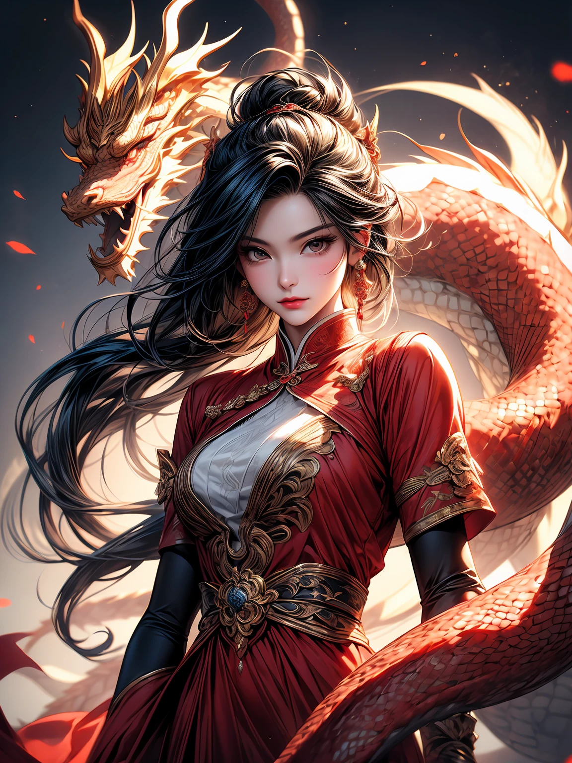 a Chinese dragon girl,(cute:1.1, anthropomorphism:1.1) with beautiful (dragon horns:1.1) protruding from her forehead. She has a charming smile, (sparkling eyes, vitrailed iris, long eyelashes) and (detailed lips:1.1). Her hair is (flowing,braided) with (subtle scales:1.1) shimmering with a hint of iridescent color.
She is wearing a (tailored,modern) outfit with (dragon claw gloves:1.1), (matching the color of her scales) that add a touch of elegance to her appearance. The outfit is inspired by a blend of traditional Chinese clothing and (minimalism:1.1), with clean lines and a (monochromatic, solid color background:1.1) that enhances the dragon girl's presence. The background color complements her scales, creating a harmonious visual composition.
The artwork is created in the (medium:minimalism) style, incorporating the renowned (artist Julian Glander)'s unique artistic vision. The minimalistic approach highlights the dragon girl's features and gives the artwork a (distinctive,modern) feel.
The image is of (best quality:1.2), (HD), and (32K resolution) with ultra-fine details that showcase every (scale,texture) on the dragon girl's body. The (photorealistic:1.37) rendering captures the intricacies of her appearance, making her come to life on the screen.
The palette of the artwork consists of (vibrant, vivid colors) that are reminiscent of traditional Chinese art, with hints of gold and red highlighting the dragon girl's regal nature. The colors are carefully selected to create a harmonious balance and evoke a sense of enchantment.
The lighting in the artwork is (soft, diffused), casting a gentle glow on the dragon girl, emphasizing her beauty and grace. The lighting enhances the three-dimensionality of the artwork, creating depth and adding a sense of realism to the scene.
This prompt combines elements of Chinese mythology and contemporary aesthetics, showcasing a fusion of tradition and modernity in a visually compelling manner. The dragon girl exudes charm and elegance, captivating the viewer with her mythical allure.