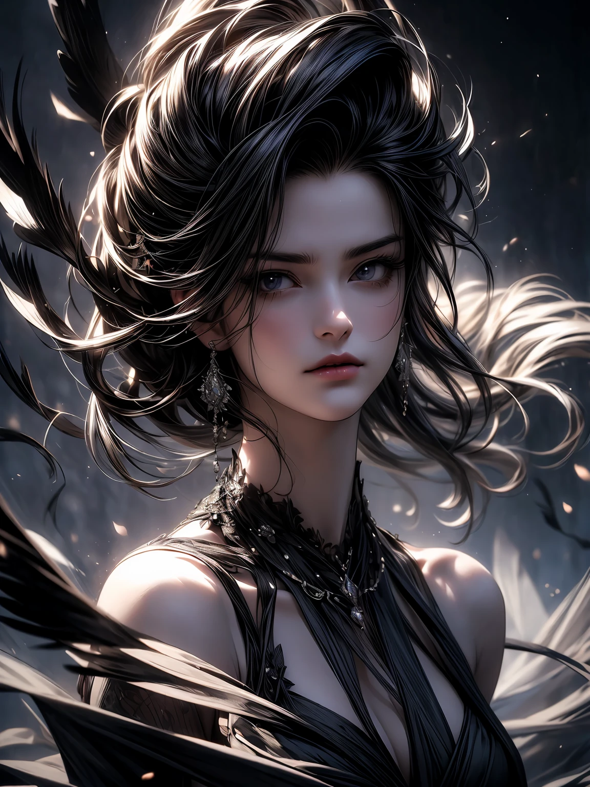 An extremely detailed portrait of an demoniac beautiful gothic vampire woman in a victorian decorum, perfect body, (realistic mature woman), ((detailed Background)), (detailed grey sky), (detailed gothic suit), (detailed eyes). (dramatic lighting), ((Masterpiece)), ((crows)), ((perfect detailed hands)), detailed cloud, ((intricate detail)), (((mature woman))), red Jewel-like eyes, (floating Strands of hair), black long hair, (((smooth skin))), (Haze), moonlight, ((surrounded by floating feathers and leafs)), focus on the subject, chiaroscuro, wind, road, church, HD wallpaper, UHD image --auto --s2