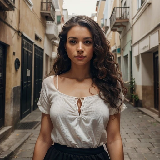Full corpo view, feet in sight, a mixed race Woman walking in the city, grd bonito_Woman, GRD perfeito_rosto, GRD perfeito_corpo, Buildings, vegetation ,sorrir,desfocar fundo , foco, cinematic light piece))), ((best quality)), ((intrincado detalhado)), ((hiper-realista)), nada absurdo, MILF, mature Woman, perspectiva, altamente detalhado, illustration, 1girl, (seios grandes, lindos olhos detalhados, curly hair, (Cabelo Brunnete), (olhos azuis), (roupa casual:1.2), Camisola, Mangas, minissaia, gargantilha preta, Brincos, knee tights, salto alto, Antecedentes detalhados, olhos perfeitos, olhos sedutores, Looking at the Viewer, de frente,