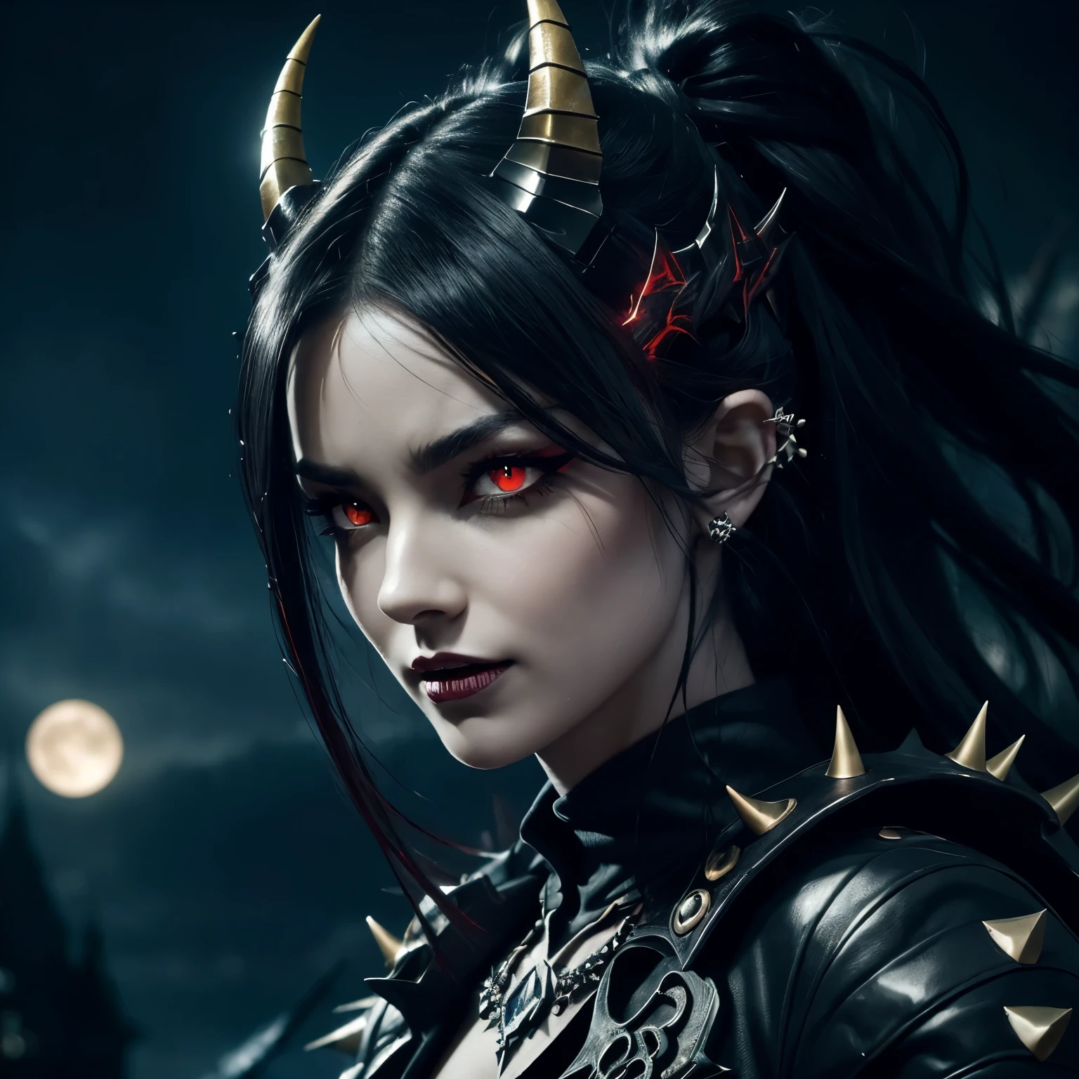 (best quality,4k,8k,highres,masterpiece:1.2),ultra-detailed,realistic:1.37,gothic,funny,playful,red eyes,160cm,tough battle outfit,black hair, vibrant colors,gloomy atmosphere,lightning,castle backdrop,glowing moon,humorous expression,sparkling teardrops,secretive smile,fireworks in the background,sharp fangs,dynamic pose,horned headband,dark makeup,unique jewelry,spiky gloves,strong physique,striking contrast between light and shadow,thunderous energy,abstract patterns,edgy and eccentric style,hauntingly beautiful,imposing presence,mysterious aura, RED EYES, FULL BODY