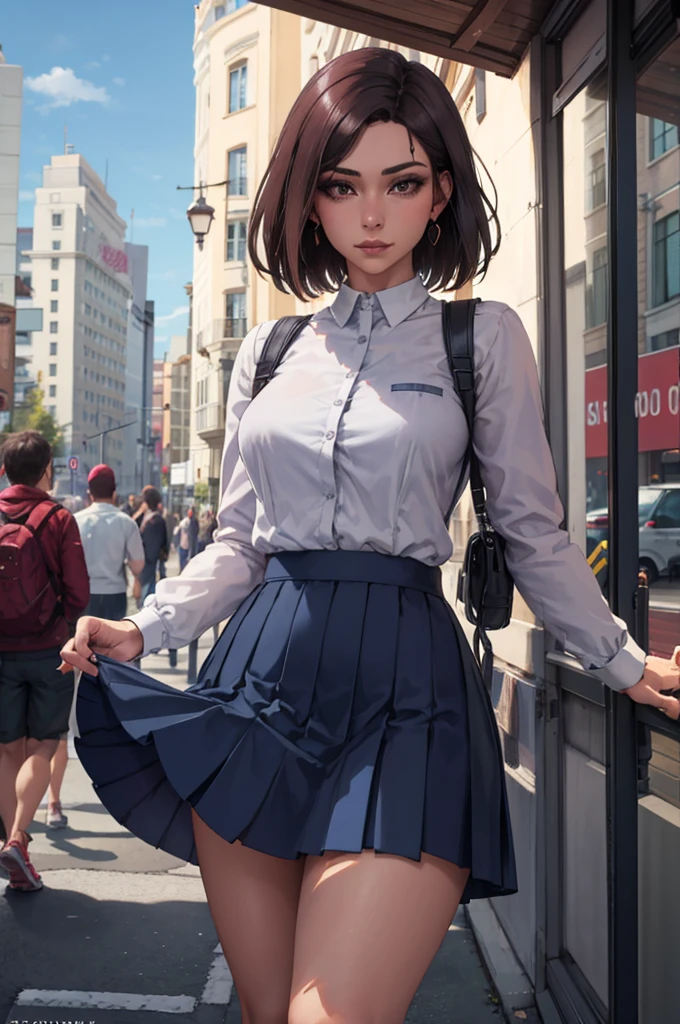 (ultrarrealista) Girl seen from the ground, It's okay to wear a skirt, Vista desde abajo, Puedo ver mis bragas, senos medianos, ((muy detallado)), (cara perfectamente detallada), (Manos altamente detalladas), Photorealistic images,bragas blancas,Falda hacia arriba,Bragas de encaje encima de una enorme