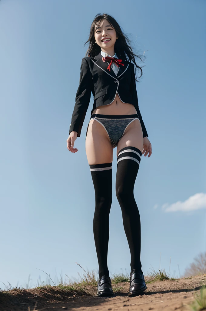 ((full body:1.4)), (masterpiece, best quality:1.2), cowboy shot, solo, 1girl, yukinoshita yukino, smile, open mouth, looking at viewer, ((wide smile:1.3)), ((standing:1.4)), ((forest background)), black shadow eye, make up, school uniform, black jacket, plaid skirt)) ((black stockings:1.3)), ((black loafers:1.2)), ((sky from below:1.4)), ((show panties:1.3)),