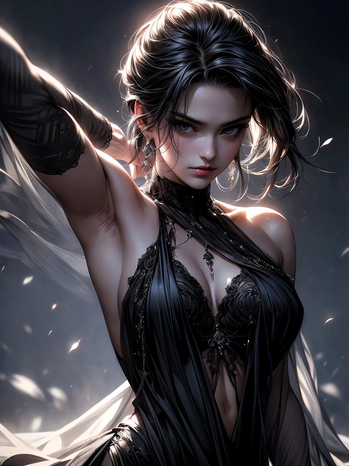 "Complete artwork masterpiece, high quality, ultra detailed in 4k, 8k, high resolution, hyper-realistic photo, hyper-detailed, realistic skin texture, amazing shadows, highly detailed background, extremely detailed texture, perfect lighting, high-level image quality." A woman posing for photos, fair skin, arms up, full body, various sexy poses, black dress, shoulders showing, navel showing, long black hair, brown eyes, defined face, mouth ajar, small breasts, choker, background white sheets, use reference picture as role model, sunlight on hair