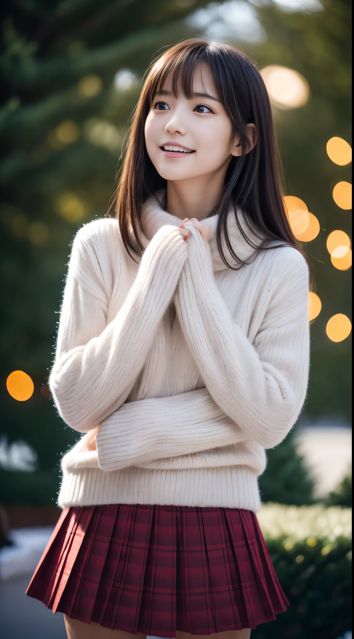 girl with, 219 years old、Gravure model for Japan, (cute little, a beauty girl,profile:1.2), profile、Modest big,  𝓡𝓸𝓶𝓪𝓷𝓽𝓲𝓬,(beautiful night view and snow:1.2), (Looking up at the big Christmas tree:1.5)、(A night town with beautiful Christmas illuminations:1.2), (fluffy pink wool sweater:1.2),  red scarf, (Green Plaid Pleated Skirt),   A dark-haired、Lost in thought with a happy expression、 Best Quality, hight resolution, Detailed skin, Detailed face and eyes, Hi-Res, Natural lighting, Perfect Anatomy, Physically-based rendering, Photorealistic, symmetric clear eyes, Beautiful and well-groomed face,10代girl with, Perfect figure,  hposing Gravure Idol,