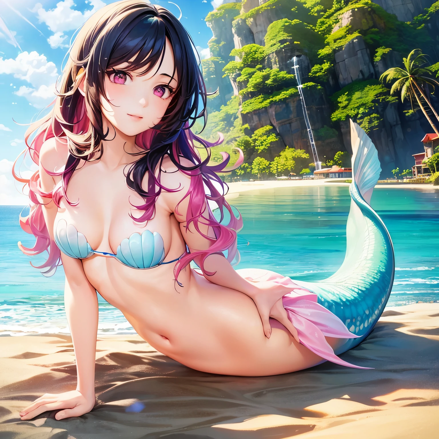 ((Good picture quality, best quality,8k) + (Seaside, water, sea, sky, beach, morning bottom light environment)) *1.3 +((Characters, Douluo Continent, Qiancheng Xue, Bikini, Pink) + (Move, unfold, stand, pose, play in the water)) * 1.1 --auto
