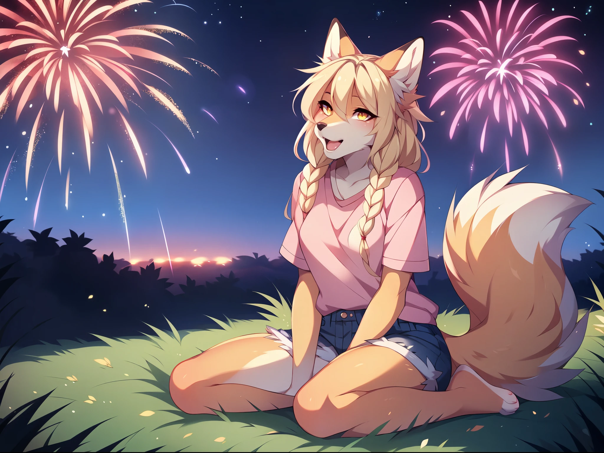 Best quality，Masterpiece，nude naked no clothes，Manteau blanc，(Fox facial features，Physical characteristics of a fox，short shoulder length braided hair)，Small stature，bit girl，((blonde body，blonde arms，blonde legs，green eyes, blonde fox tail))，city background at night, fireworks in sky, female, furry, anthro, legs spread, sitting down, knees up, blushing, small breasts, rubbing breasts,
