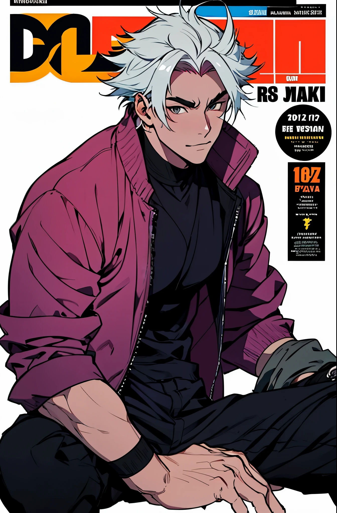 a mais alta qualidade, 8k, image high resolution, Jujutsu kaisen estilo anime , Arataki Itto, Detailed strokes, fundo desfocado, (a magazine cover style), purple light reflecting on him , (angulo de perto), 1 homem, jovem, masculo, modelo, supported on the bottom , multicolored background with various geometric shapes , stikers em volta, musculoso, cabelo vermelho e branco, vestindo uma jaqueta fria , olhos marcantes , com a camisa, Peito inchado