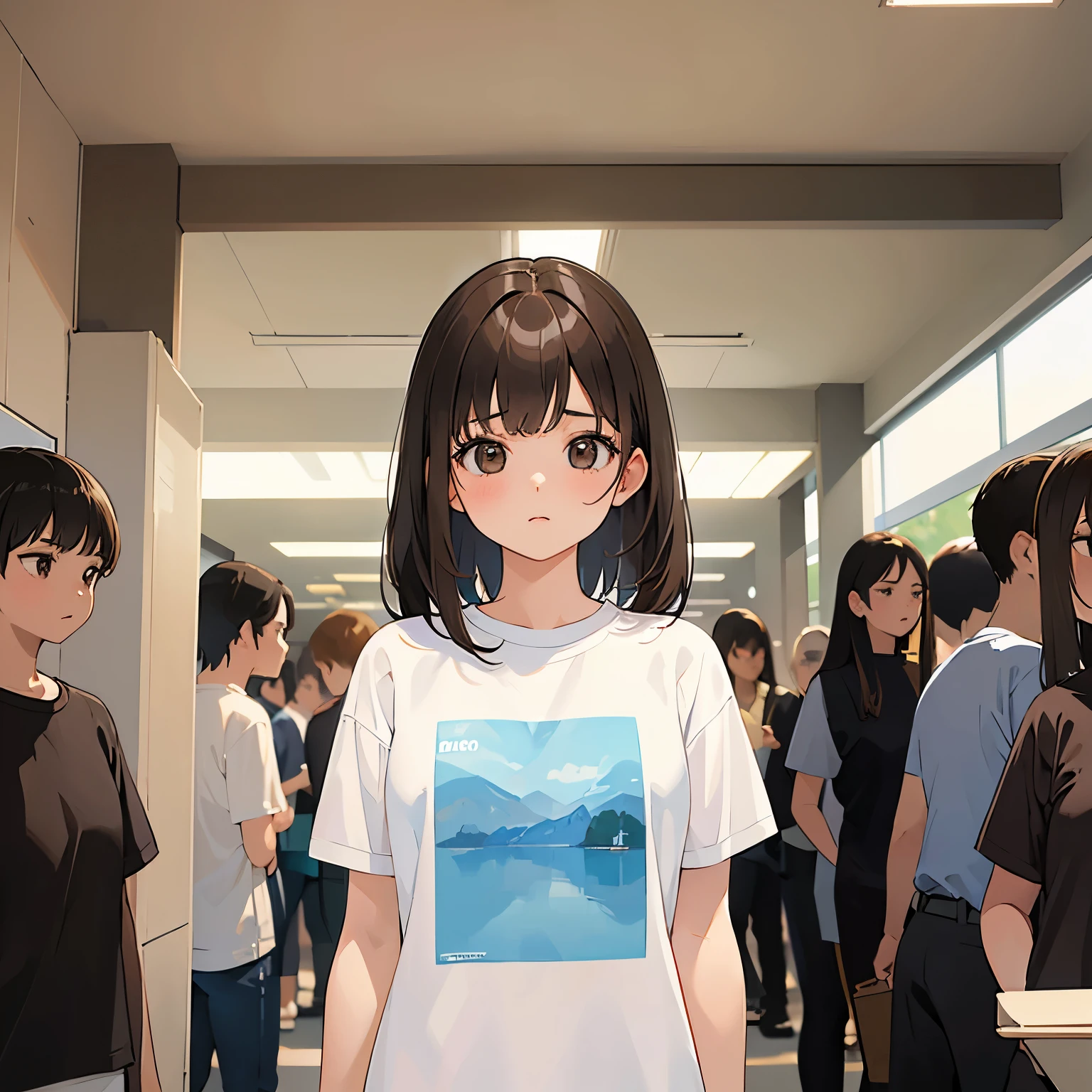 masterpiece、top-quality、 A 25-year-old woman with medium hair and with brown bangs.、T-shirt 、white shirt、(funny :1.3)、Staring、is standing、The background school 、Bold composition、Upper body is shown、with friends
