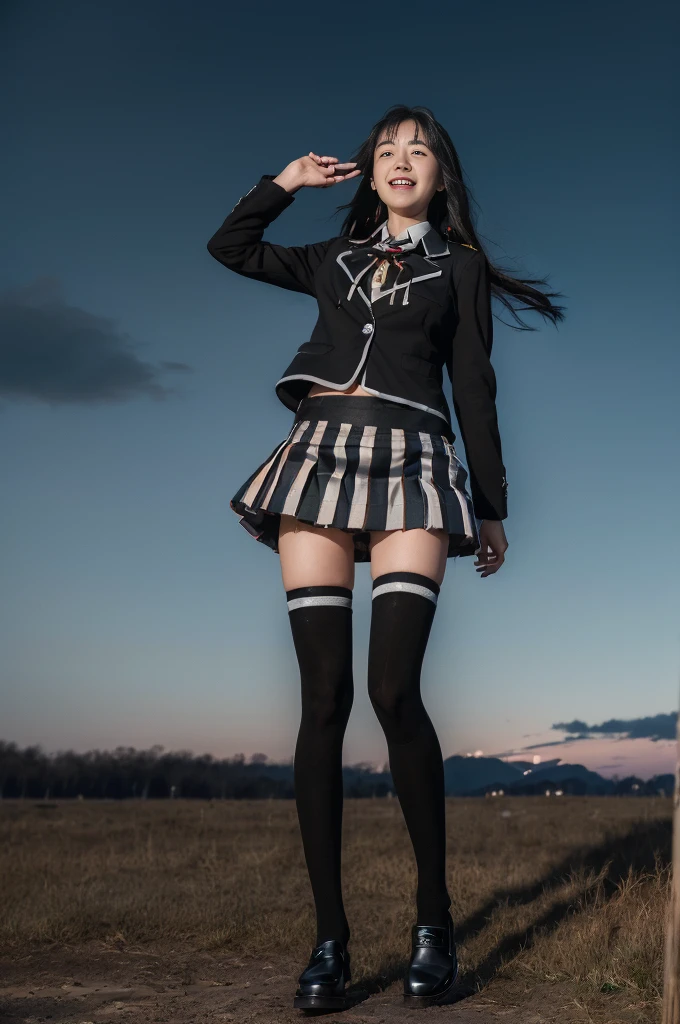 ((full body:1.4)), (masterpiece, best quality:1.2), cowboy shot, solo, 1girl, yukinoshita yukino, smile, open mouth, looking at viewer, ((wide smile:1.3)), ((standing:1.4)), ((lift skirt:1.4)), ((forest background)), black shadow eye, make up, ((school uniform:1.3)), ((black jacket:1.3)), ((plaid skirt:1.4)) ((black stockings:1.3)), ((black loafers:1.2)), ((sky from below:1.4)), ((show panties:1.3)),
