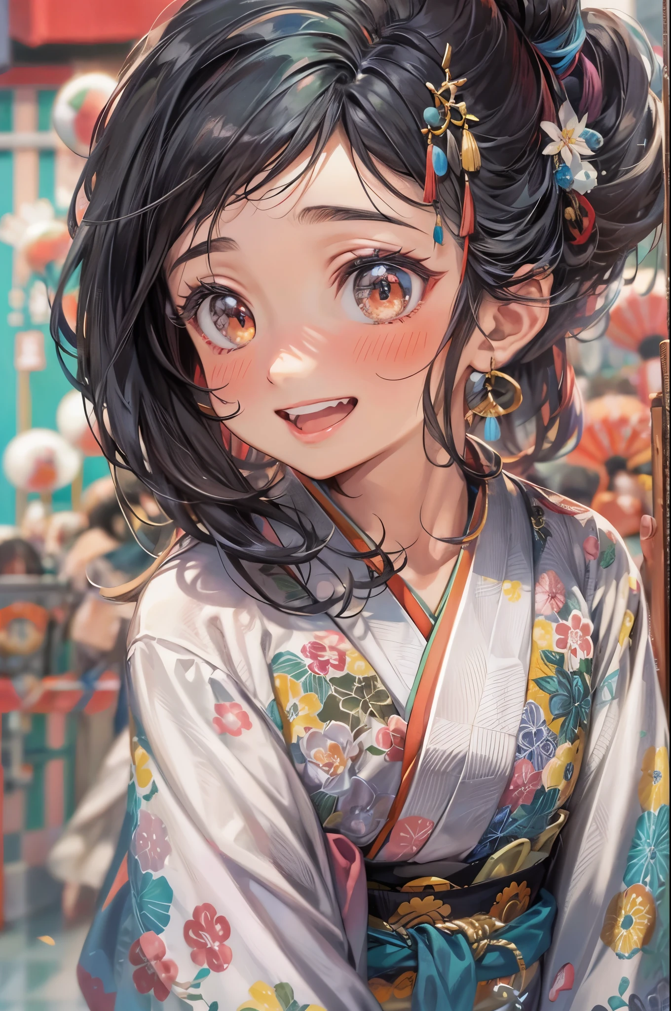 solo, japanese woman, japanese kimono, black hair, long hair, floating hair, shiny hair, jewelry, light smile, detailed beautiful face and eyes, vivid color, cinematic lighting, jpeg artifacts, Eye-Level Shot, drop shadow, depth of field, hyperrealism, Ghibli-like colours, atmospheric perspective, tachi-e, masterpiece, retina, ccurate, best quality, highres, 4K, super detail