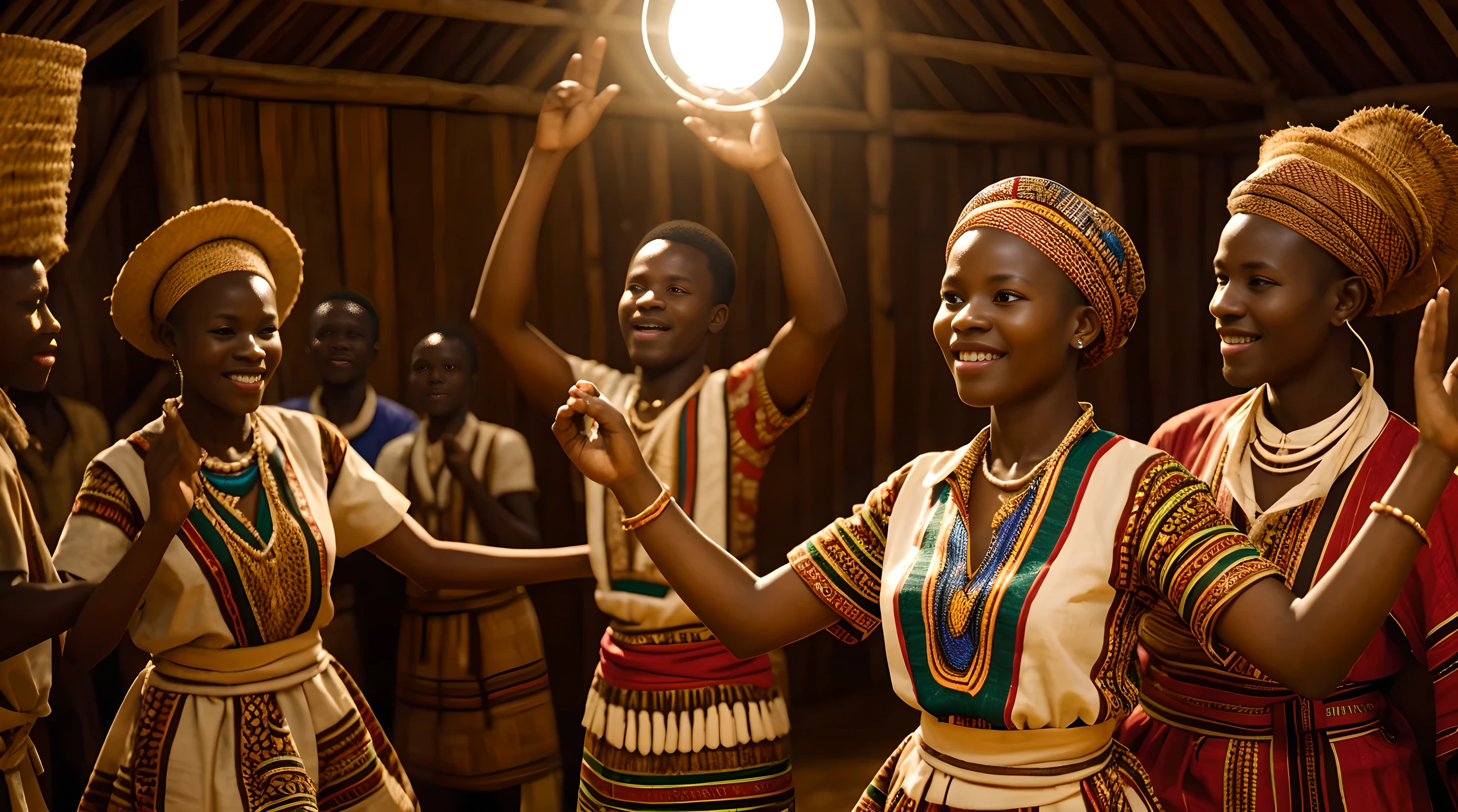 Ultra-realistic photograph of African Villagers dancing in communion, they are wearing Traditional attire with beautiful patterns. The people are unrelated unique individuals each with their own look and character. Cinematic lighting, perfect textures, highest face quality, perfect body proportions, perfect hands