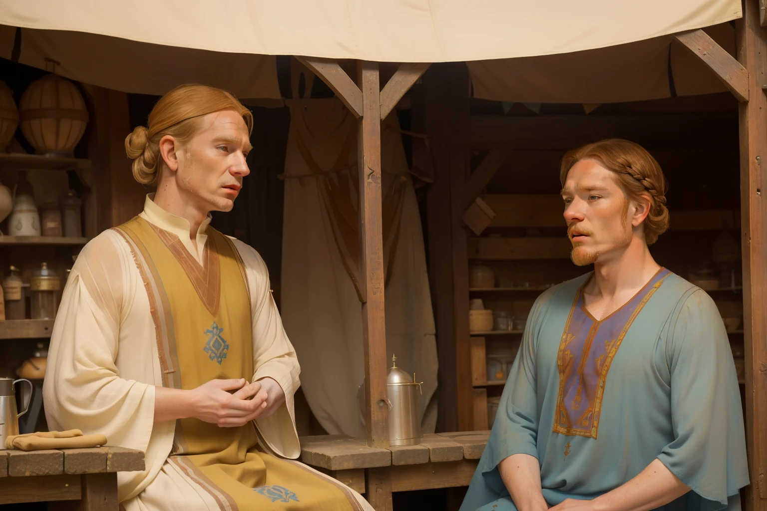 1170, Kingsbridge, England. Otherworldly scene in a medieval artisanal workshop patio, ((((46-year-old)) Cameron Monaghan)), wrinkles, ((worried expression)), talking to a younger man, ((((tunic from the 12th century)))), ((Hairstyle of the 12th century)), ((Wes Anderson cinematic style)), colorful