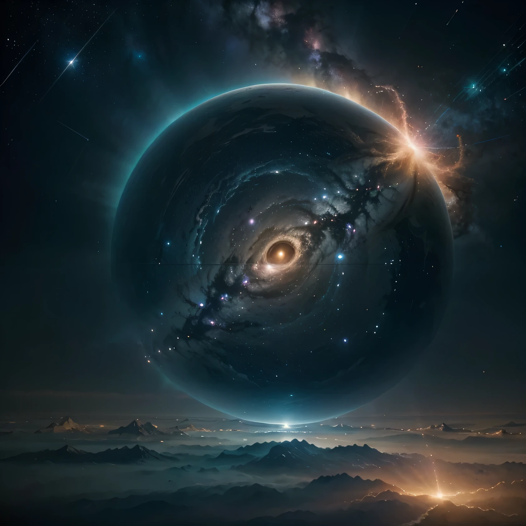 Imagine a celestial landscape filled with ethereal colors, where the essence of creation unfolds before the viewer's eyes. No centro da cena, visualize the manifestation of a cosmic force, represented by bright sparks and currents of energy that intertwine in intricate patterns, and lightning in the background. As these energies dance in the ether, witness the formation of majestic mountains, Vales exuberantes, e oceanos serenos. nuvem, tingido por uma paleta celestial, draw kaleidoscopic patterns in the sky, reflecting the magical moment of the conception of the universe. Fragmentos de luz escapam das bordas das nuvens, illuminating the cosmic expansion and revealing the origins of distant stars. Incipient planets begin to form, orbiting in harmony as they are sculpted by the invisible hands of creation. In this scenario, watch as unique life forms materialize, from ethereal creatures floating on currents of energy to microorganisms that begin to colonize newly formed ecosystems. Each element of the image captures the dynamic and fascinating essence of a world in the process of being born, revealing the intrinsic magic of cosmic creation.